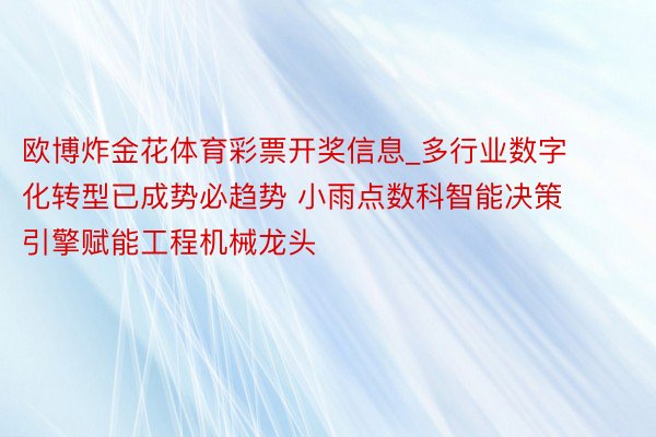 欧博炸金花体育彩票开奖信息_多行业数字化转型已成势必趋势 小雨点数科智能决策引擎赋能工程机械龙头